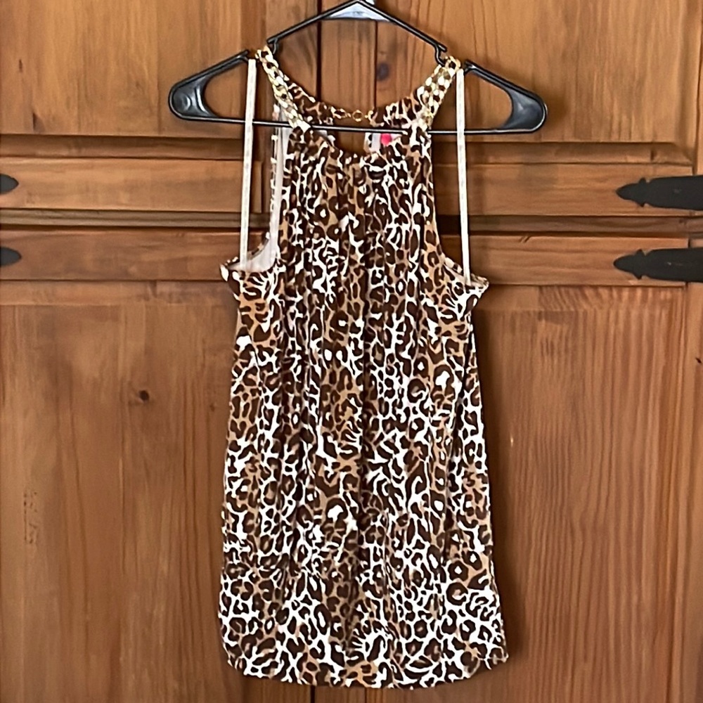 Brown, tan and white leopard print halter top with gold chain strap